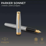 Load image into Gallery viewer, Personalized Parker Sonnet Fountain Pen, Brushed Stainless Steel, Gold Trim, Engraved Gift