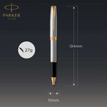 Load image into Gallery viewer, Parker ballpoint pen shown vertically on a dark gradient background with dimension annotations: 134mm length, 11mm tip-to-tip width, and a 27g weight badge. The pen has a silver body with gold trim and a black lower section. Parker Sonnet stainless steel rollerball pen with gold trim, illustrated with product dimensions of 134 mm length, 11 mm width, and 27 g weight.
