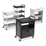 Load image into Gallery viewer, Utility Cart With Locking Doors, Plastic, 3 Shelves, 200 Lb Capacity, 33.63" X 18.63" X 37.75", Black