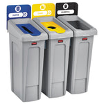 Load image into Gallery viewer, Slim Jim Recycling Station Kit, 3-stream Landfill/paper/bottles/cans, 69 Gal, Plastic, Blue/gray/yellow