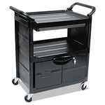 Load image into Gallery viewer, Utility Cart With Locking Doors, Plastic, 3 Shelves, 200 Lb Capacity, 33.63" X 18.63" X 37.75", Black