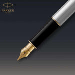 Load image into Gallery viewer, Personalized Parker Sonnet Fountain Pen, Brushed Stainless Steel, Gold Trim, Engraved Gift
