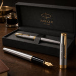 Load image into Gallery viewer, Personalized Parker Sonnet Fountain Pen, Brushed Stainless Steel, Gold Trim, Engraved Gift
