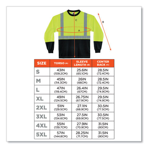 Glowear 8291bk Type R Class 2 Black Front Long Sleeve T-shirt, Polyester, 3x-large, Lime, Ships In 1-3 Business Days