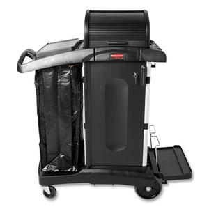 Executive High Security Janitorial Cleaning Cart, Plastic, 4 Shelves, 1 Bin, 23.1" X 39.6" X 27.5", Black
