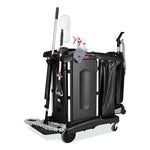 Load image into Gallery viewer, Executive High Security Janitorial Cleaning Cart, Plastic, 4 Shelves, 1 Bin, 23.1&quot; X 39.6&quot; X 27.5&quot;, Black

