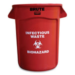 Load image into Gallery viewer, Vented Round Brute Container, &quot;infectious Waste: Biohazard&quot; Imprint, 32 Gal, Plastic, Red
