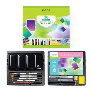 Pagos Watercolor Paint Set – Art Kit of 36 Vivid Colors W 10 Sheets Water Color Paper – Refillable Brush Sponge Drawing Pencil, Brush, Gift Set for