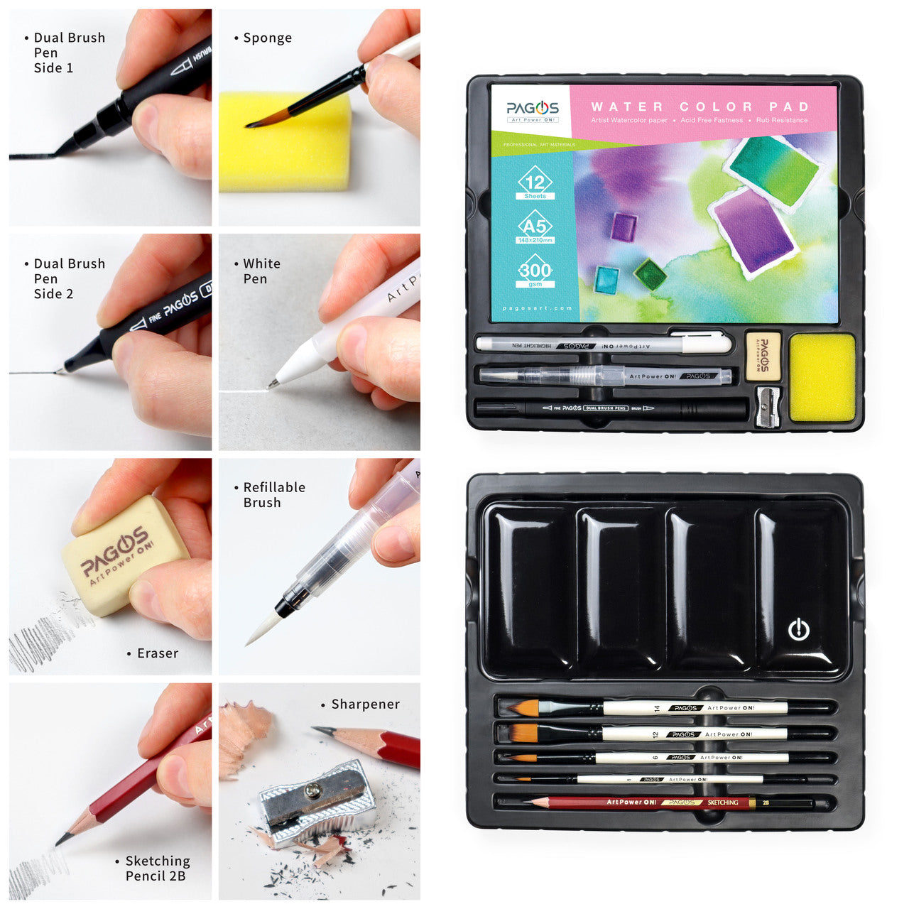 PAGOS Watercolor Paint Set – Art Kit of 36 Vivid Colors w 10 Sheets Water  Color Paper – Refillable Brush Sponge Drawing Pencil, Brush, Gift Set for