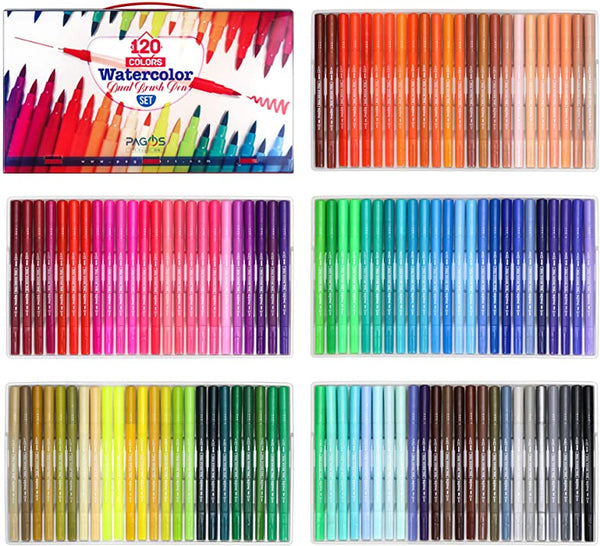 Pagos 120 Colors Dual Brush Pens Set Watercolor Art Markers Fine & Brush Tip Pen for Coloring Books Drawing Lettering Sketching Calligraphy Bullet
